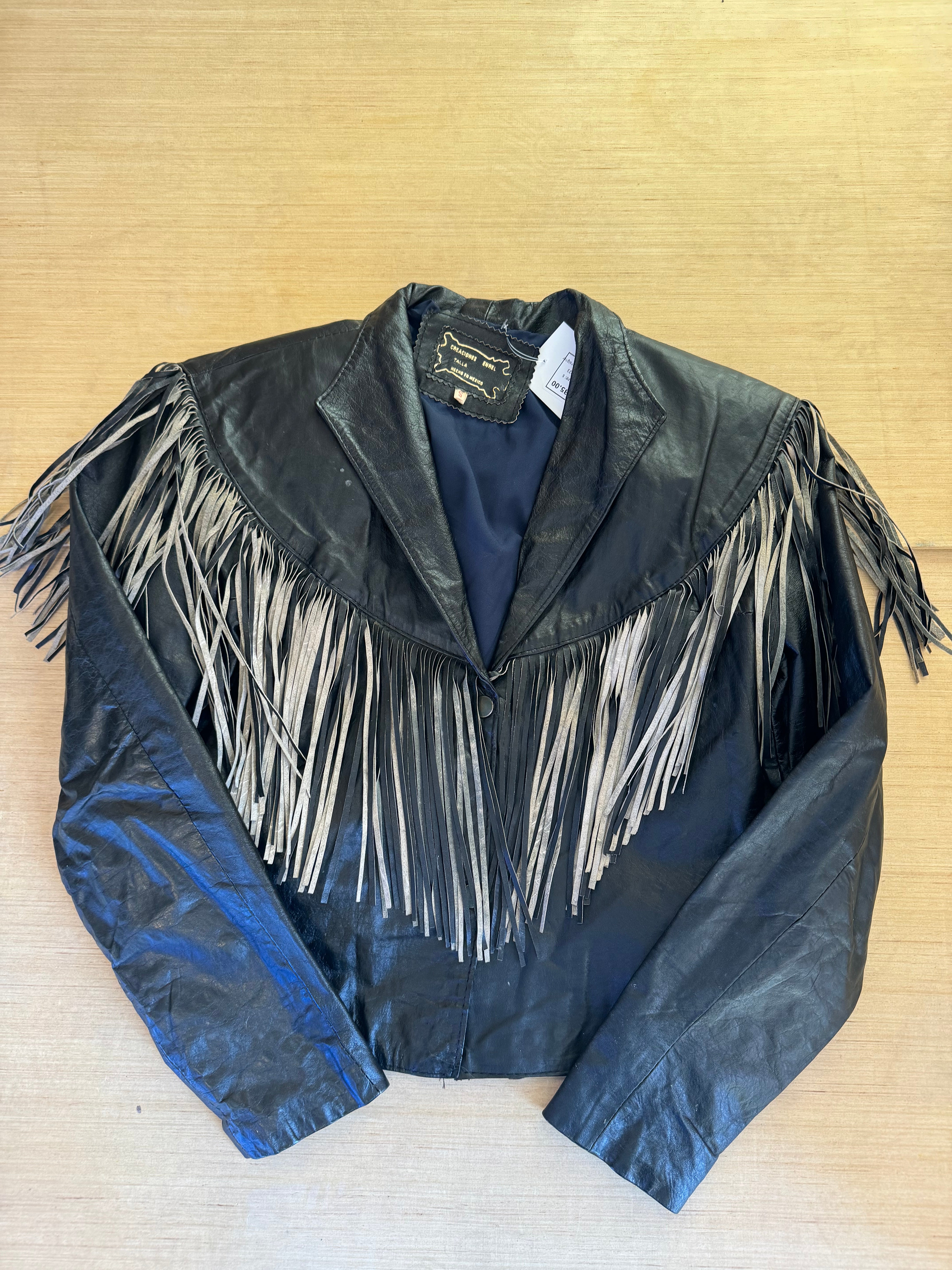 black  fringe leather jacket, s