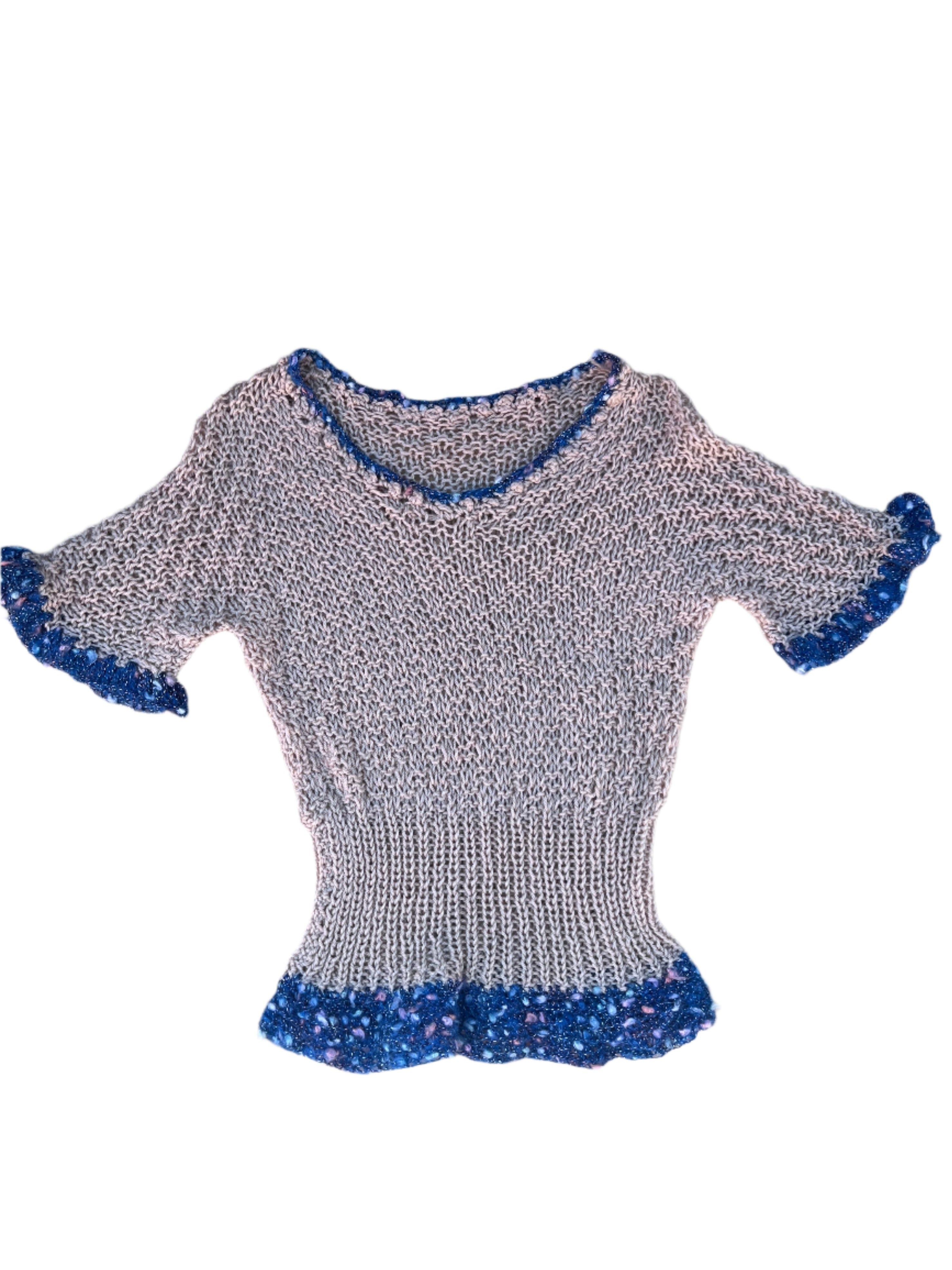 tan blue  hand knit sweater top, s