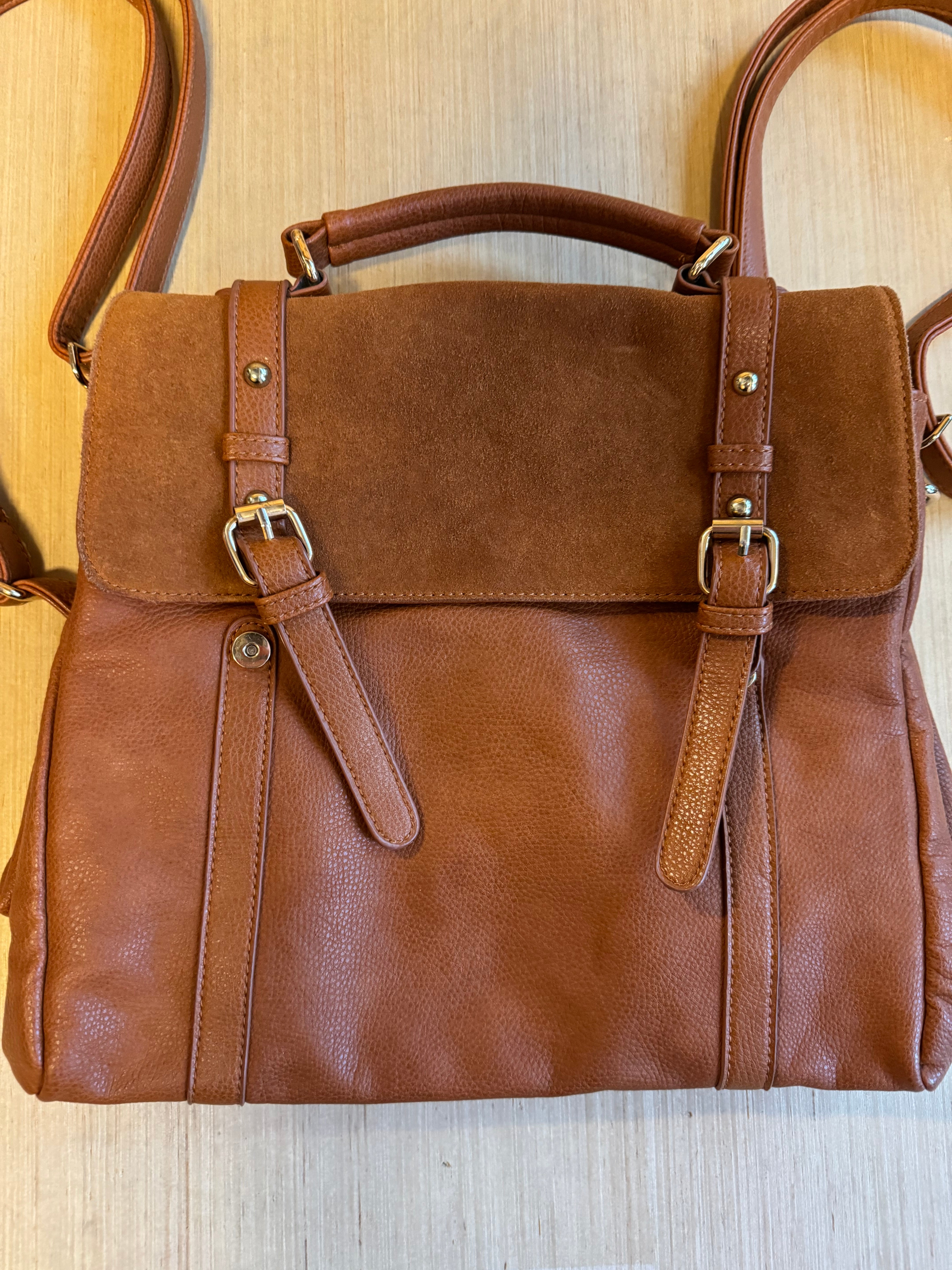 brown street level leather backpack messenger bag