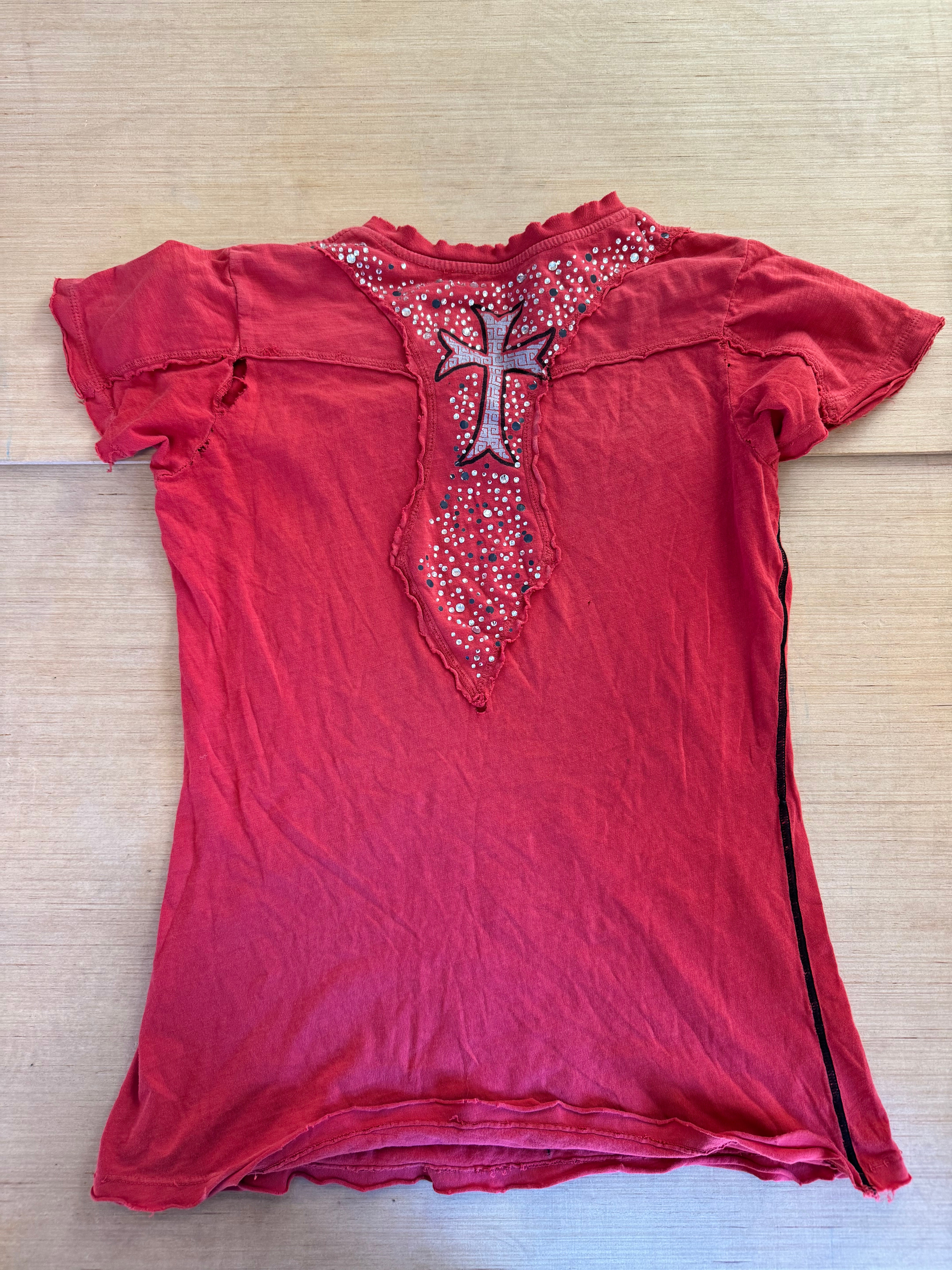 red affliction branded top w bedazzled shoulders, s