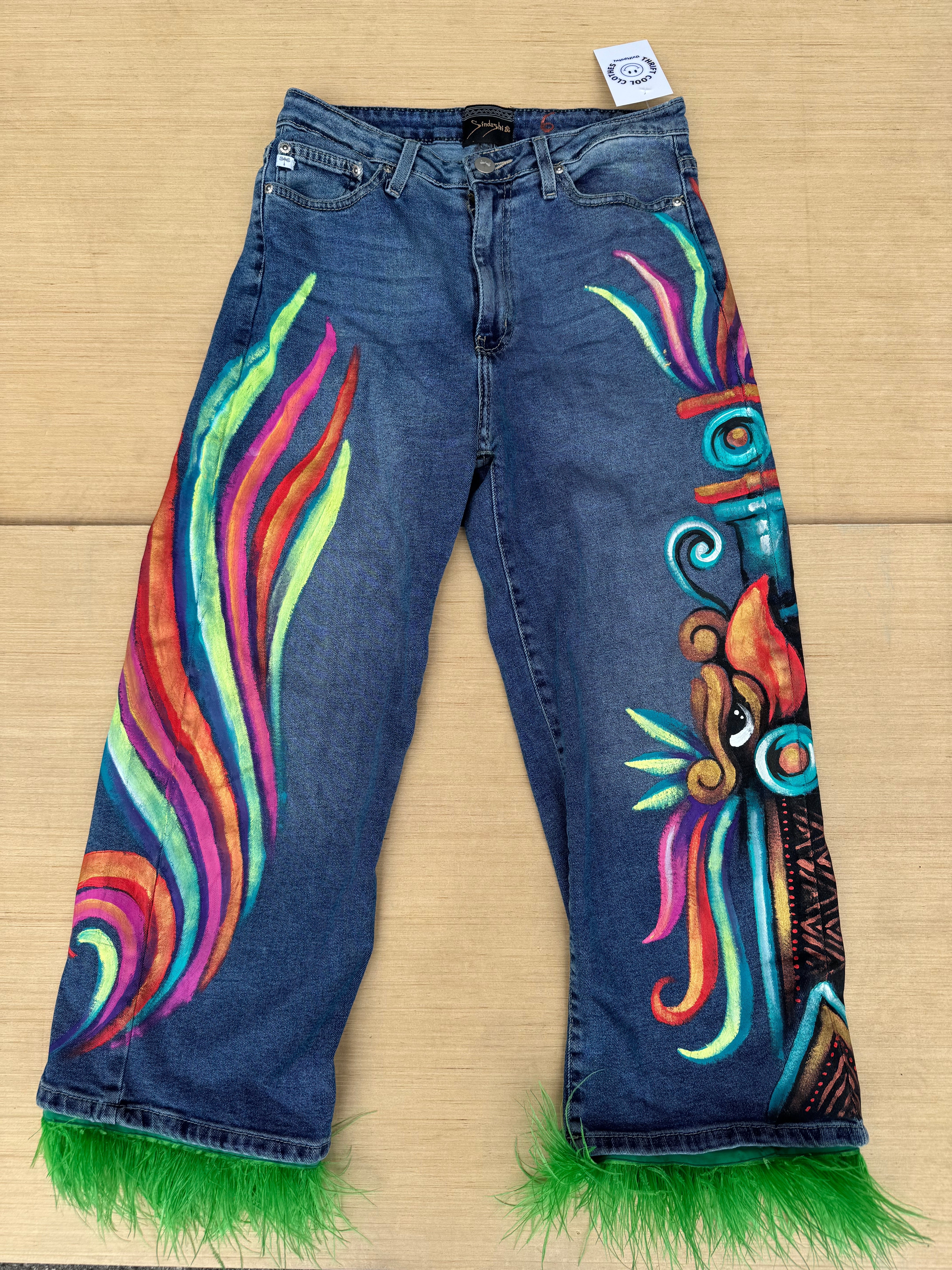 Blue  Hand painted made in Mexico fur trim jeans, 6 (fits like 8)