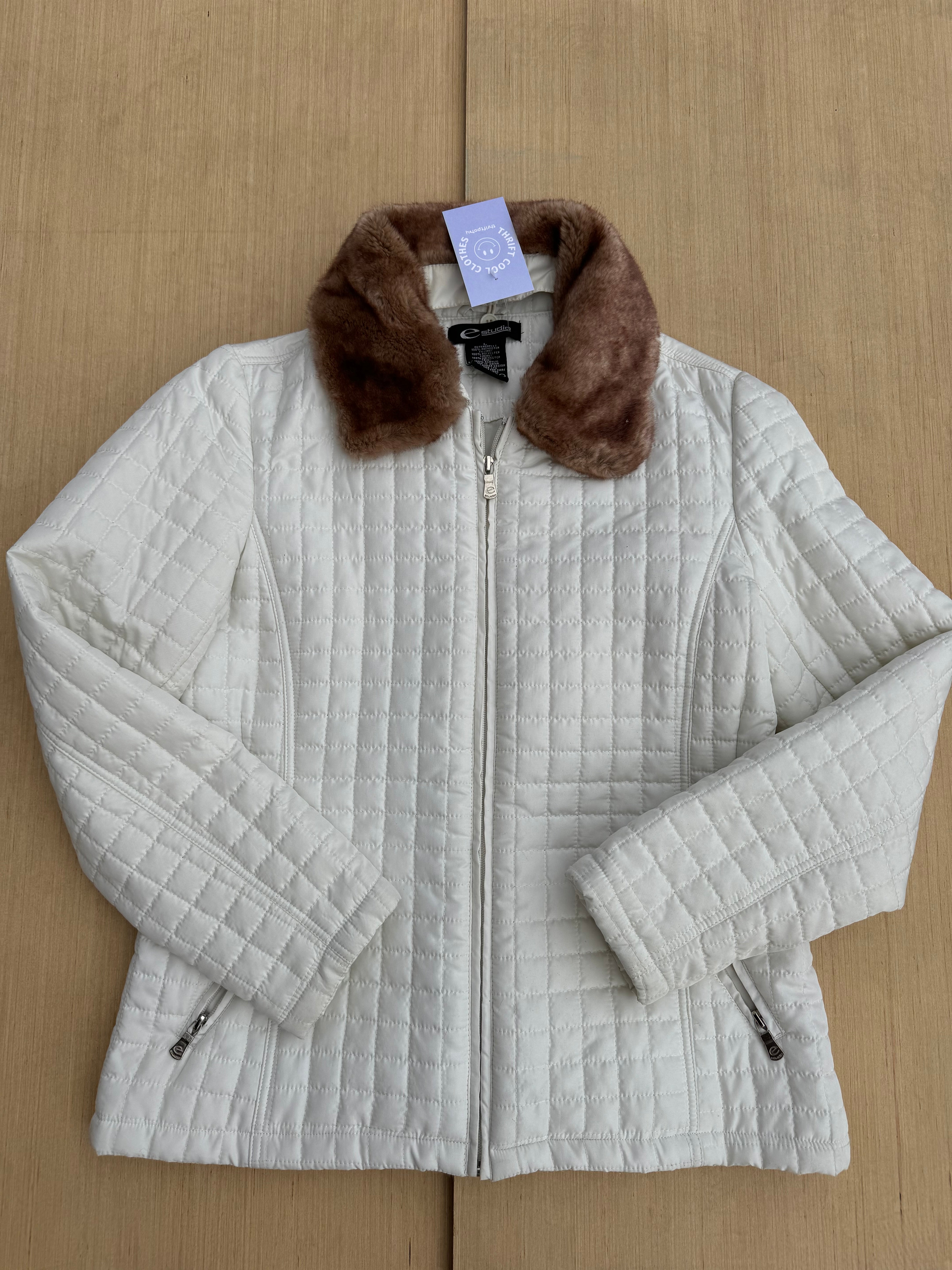 white brown e studio puffer coat w fur lined, L