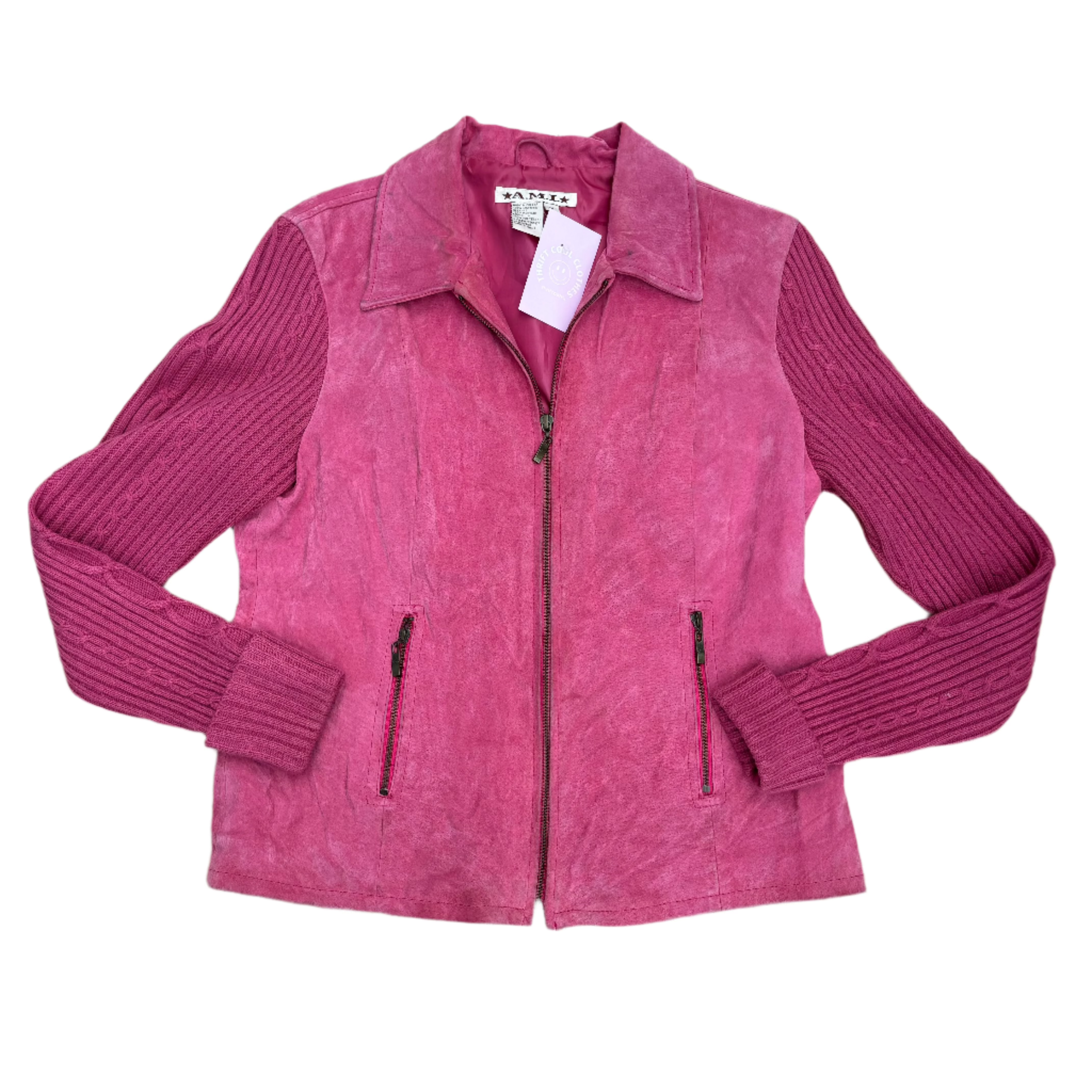 pink a.m.i leather and knit jacket, m