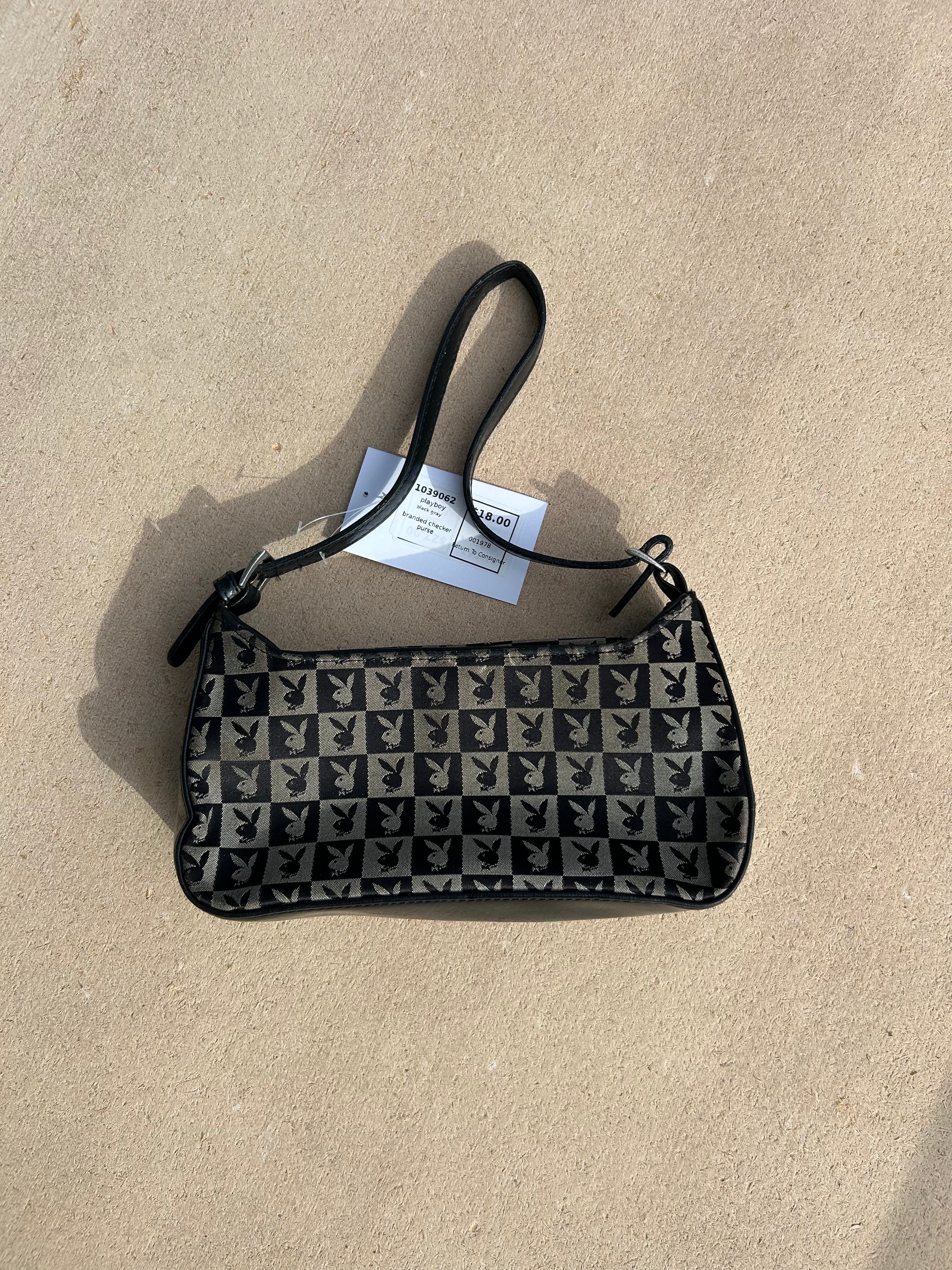 black gray playboy branded checker purse