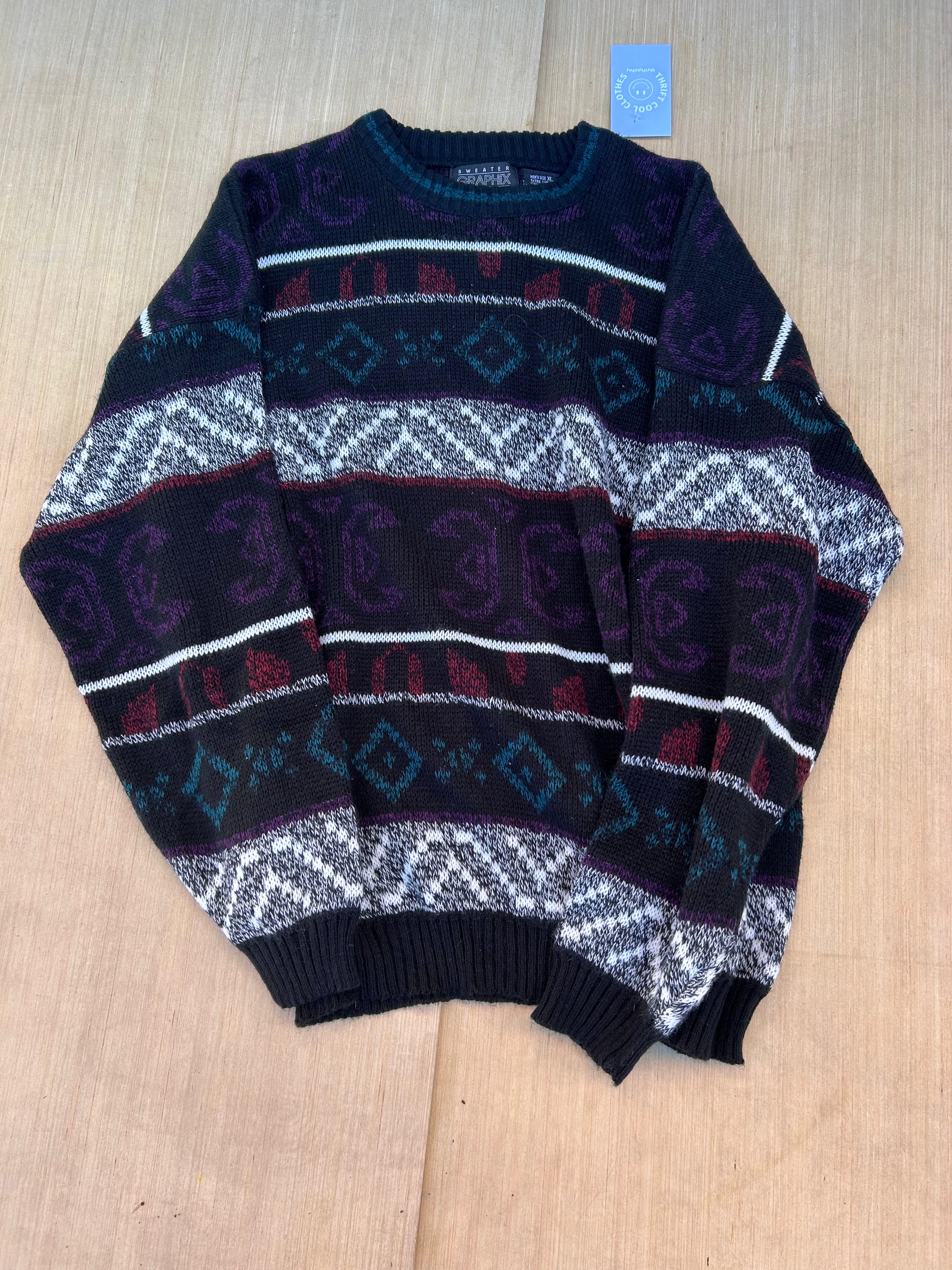 black sweater graphix vtg patterned sweater, xl