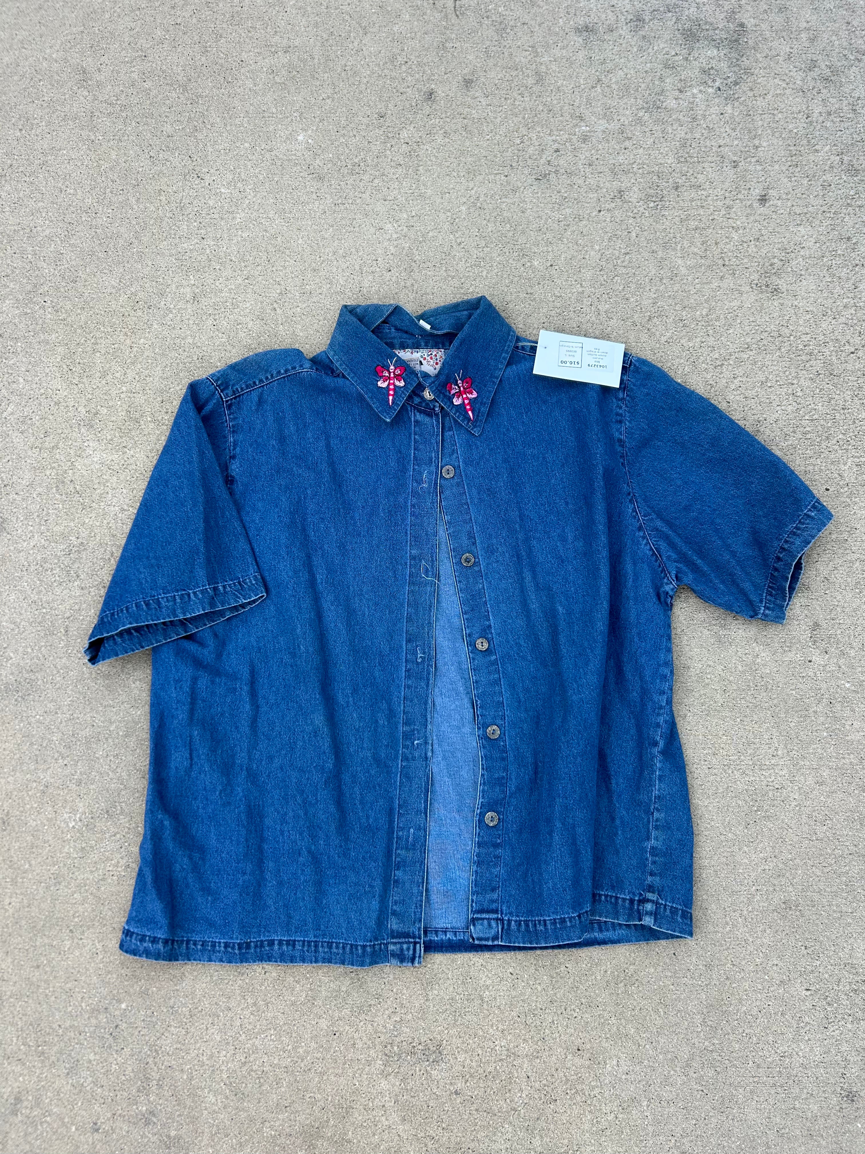 blue pink bsa denim button down w dragon flies, L