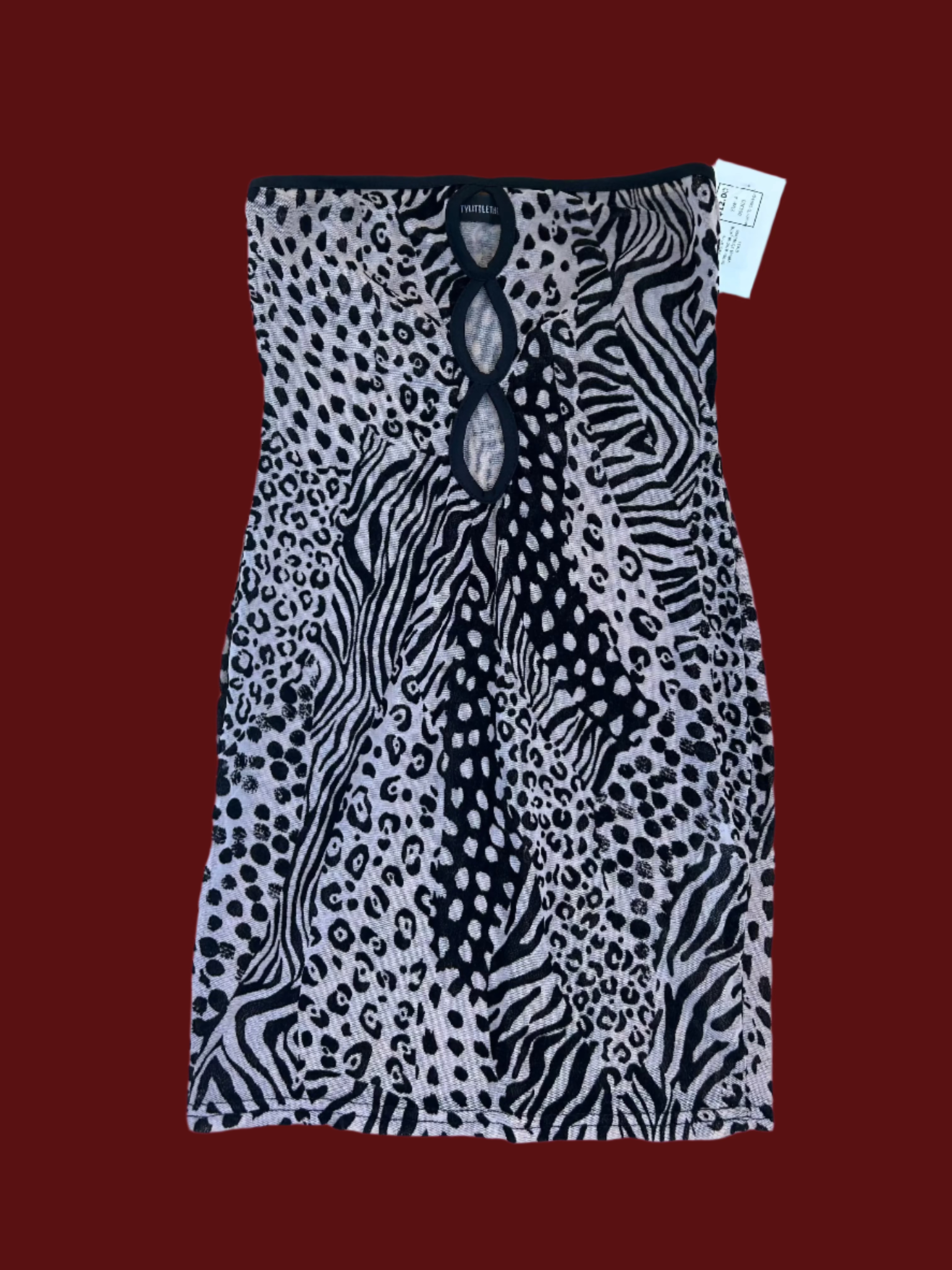 black white prettylittlething sheer animal print velvet strapless dress, 4