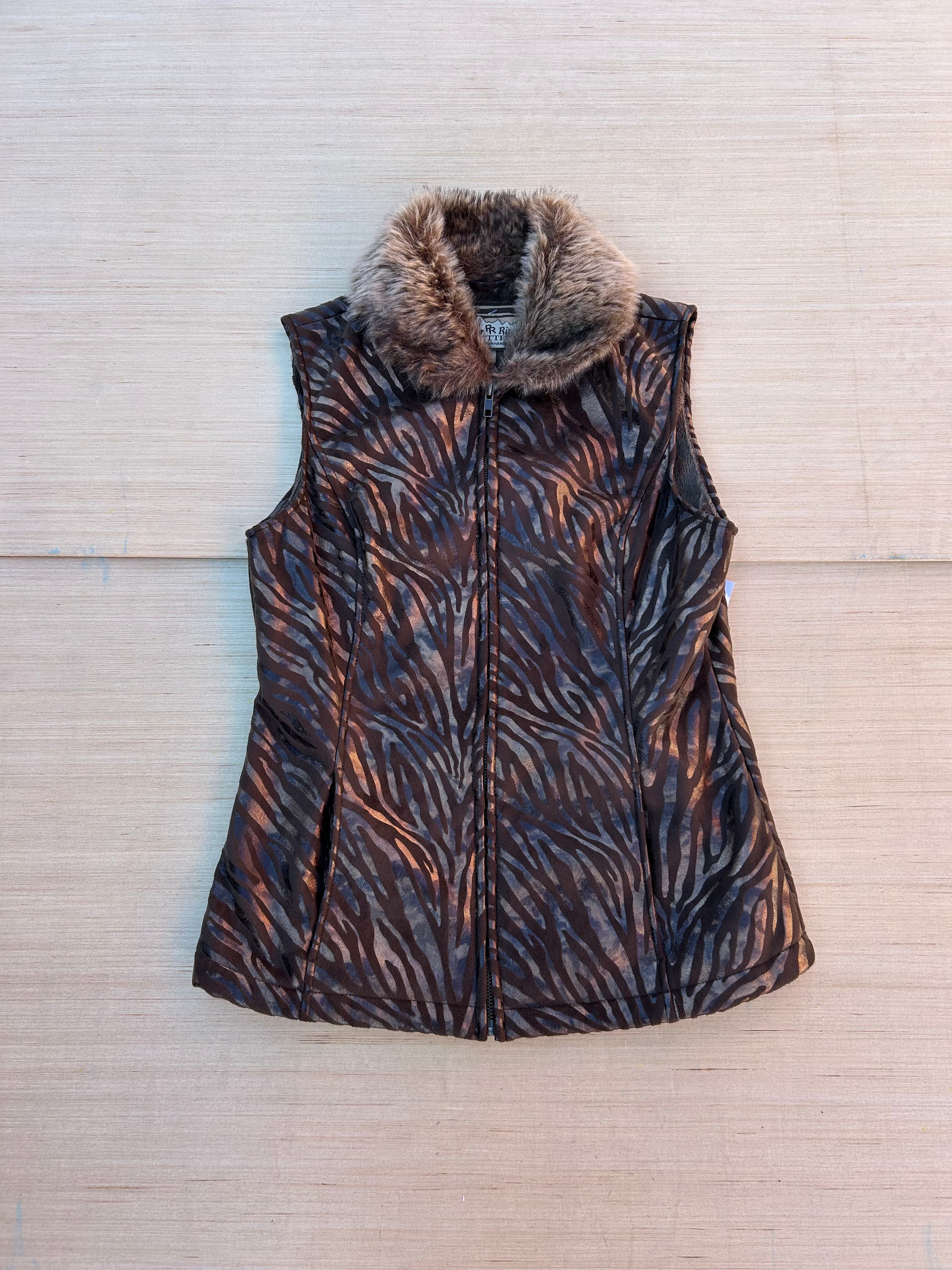 Brown Powder river Animal print fur collar vest, S