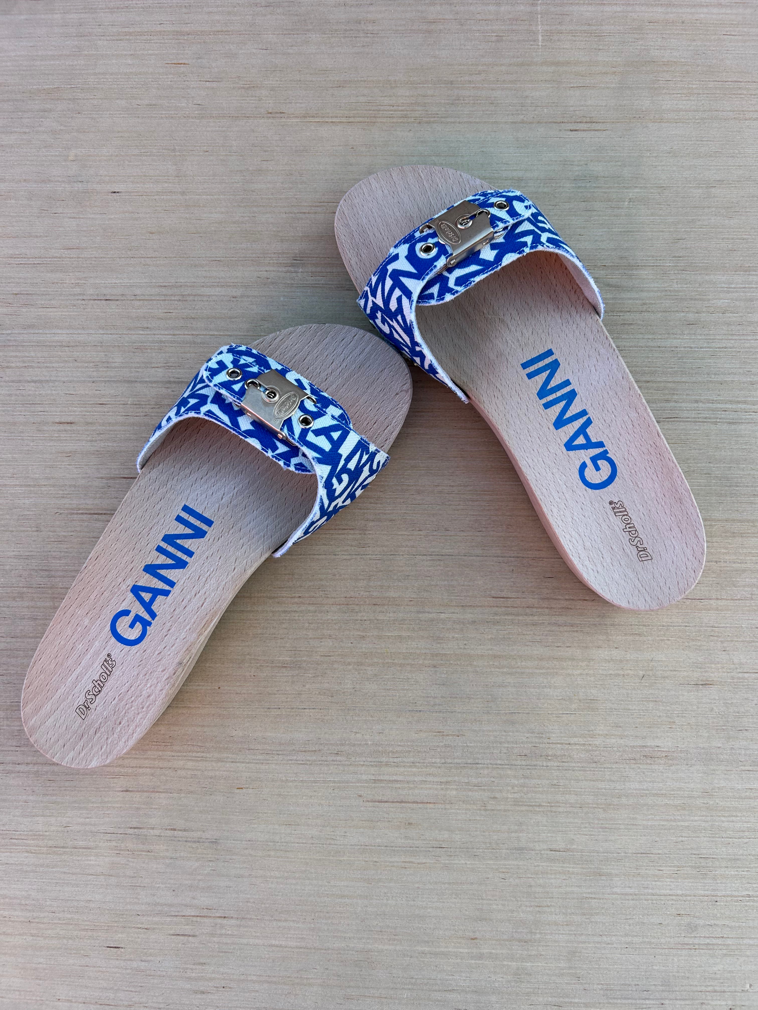 blue ganni x dr. scholls logo wood block shoes, 7