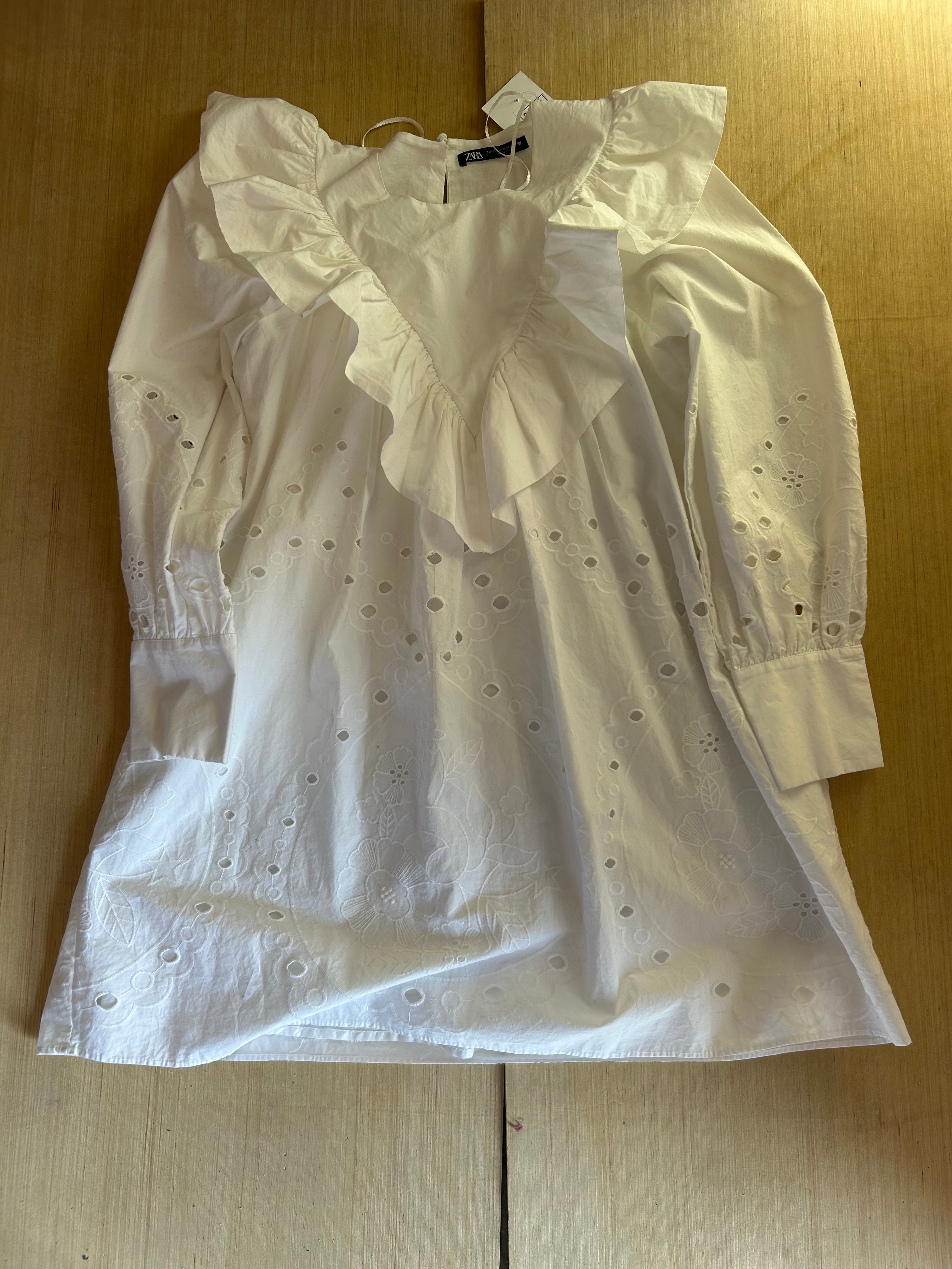 white zara eyelet frilly dress, xs