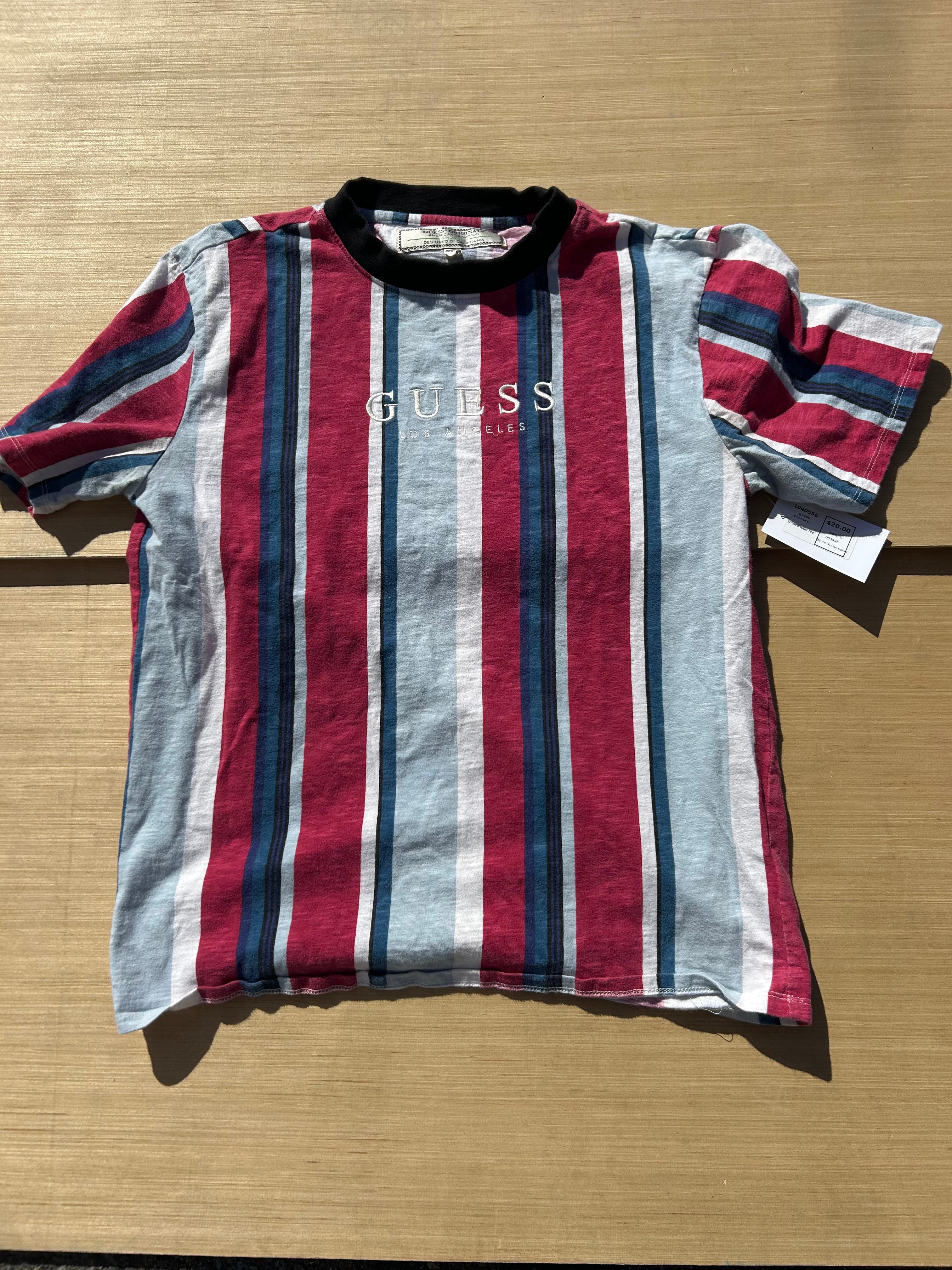 red white blue guess striped logo tee, L