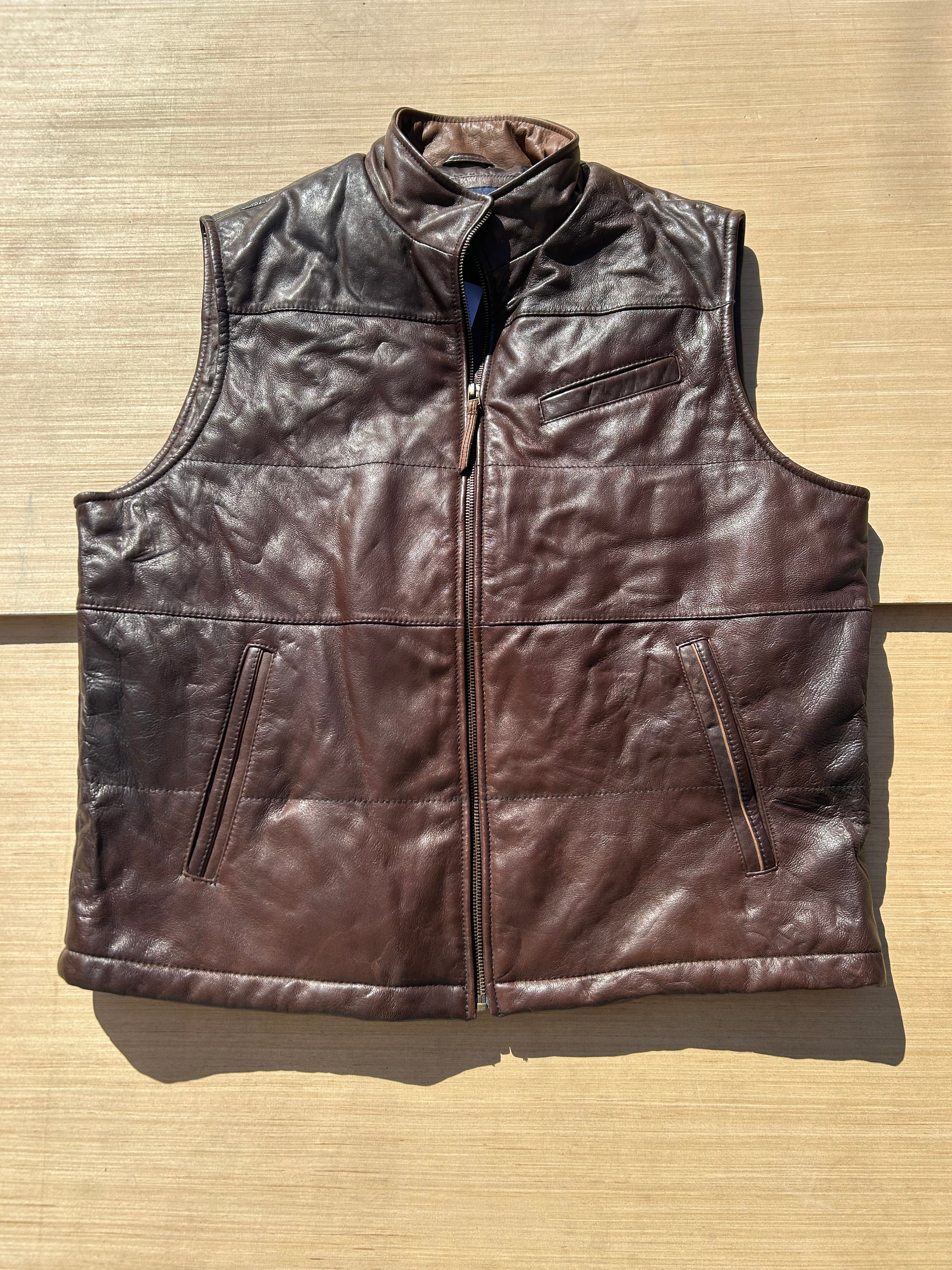 brown cremieux leather puffer vest, xl