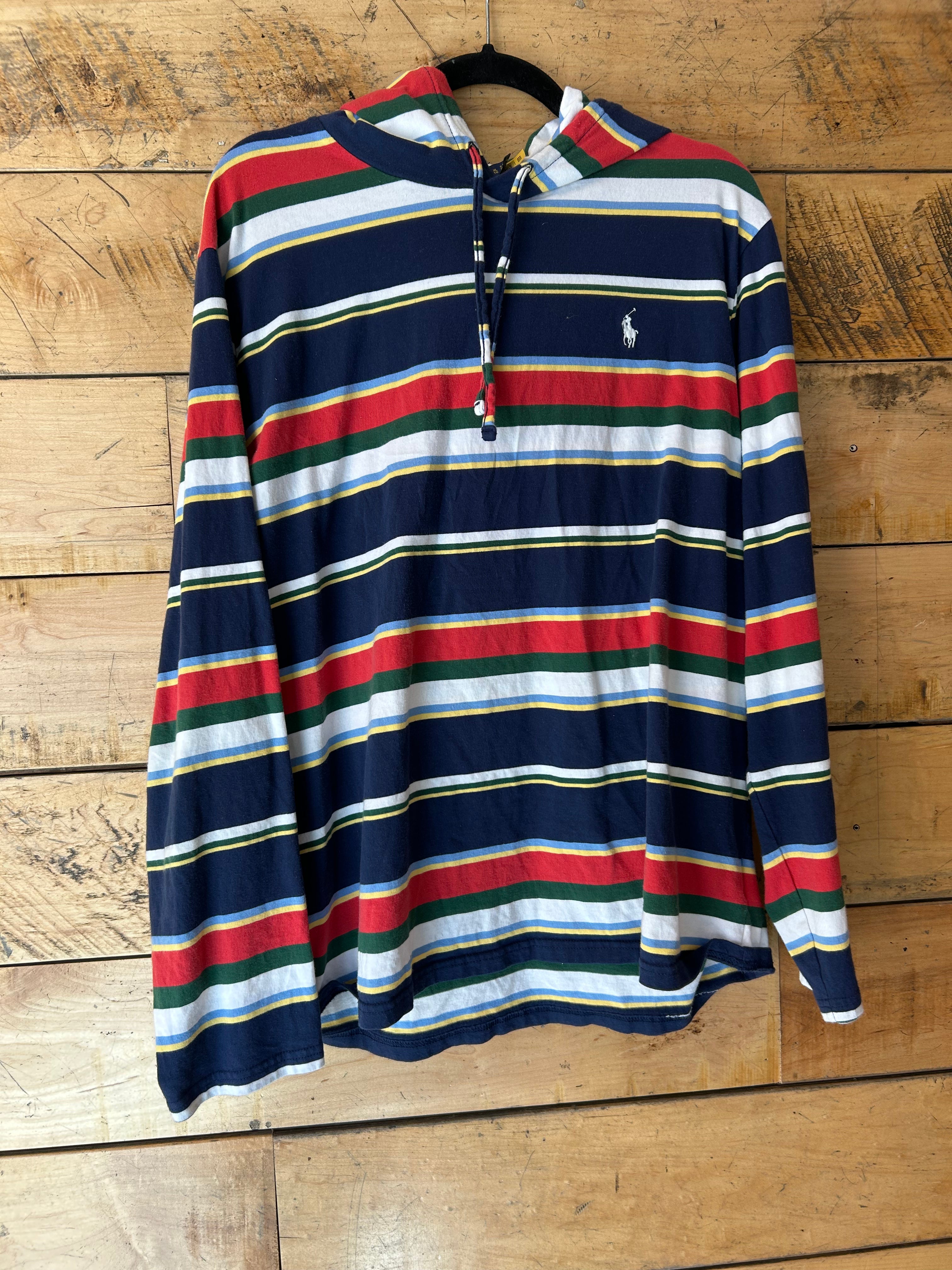 navy red yellow polo striped hoodie, xl