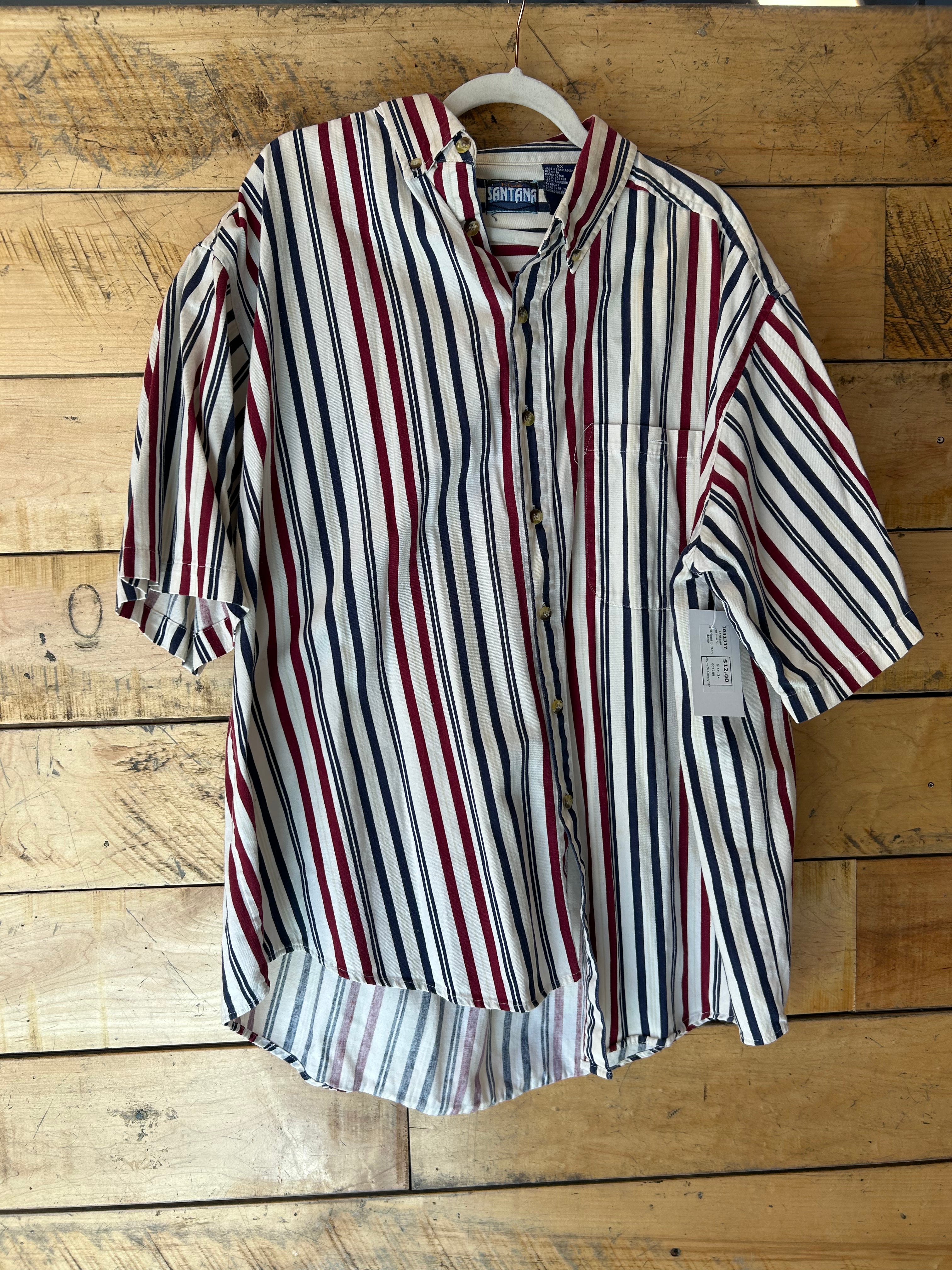 red blue cream santana vtg striped button down, 2x