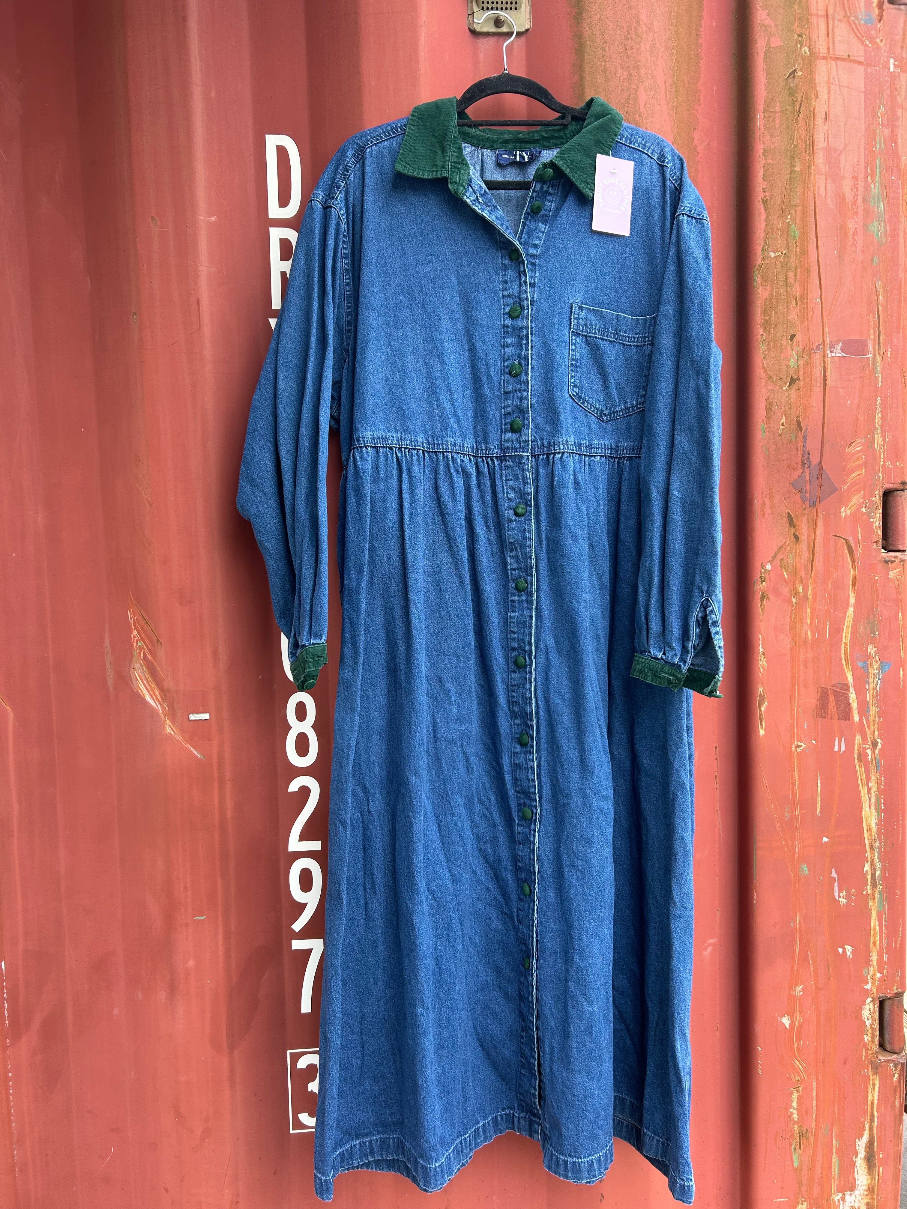 blue green ty denim babydoll dress w corduroy details, xl