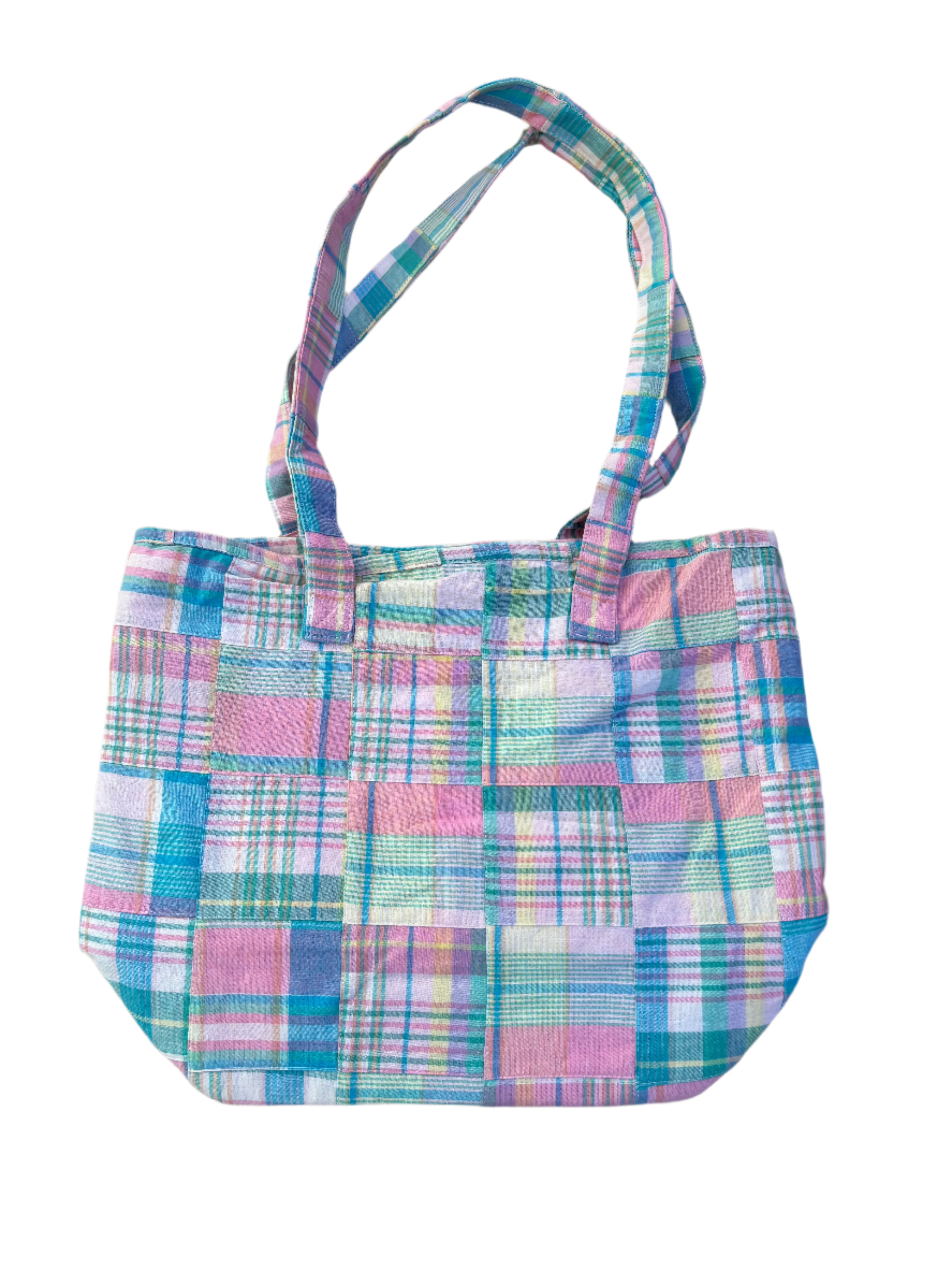 pink blue buck head and betties plaid tote