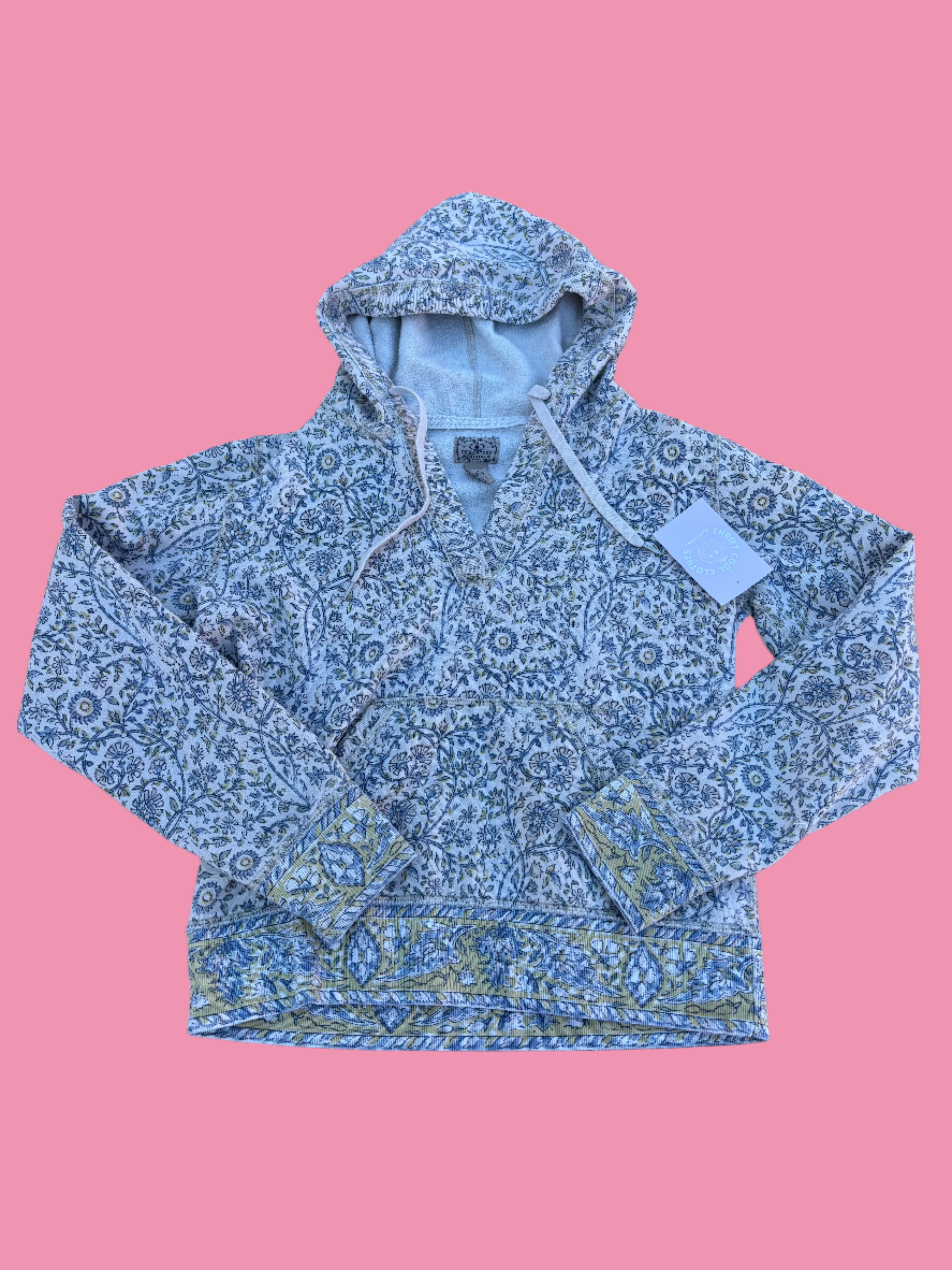 cream blue lucky brand floral hoodie, L