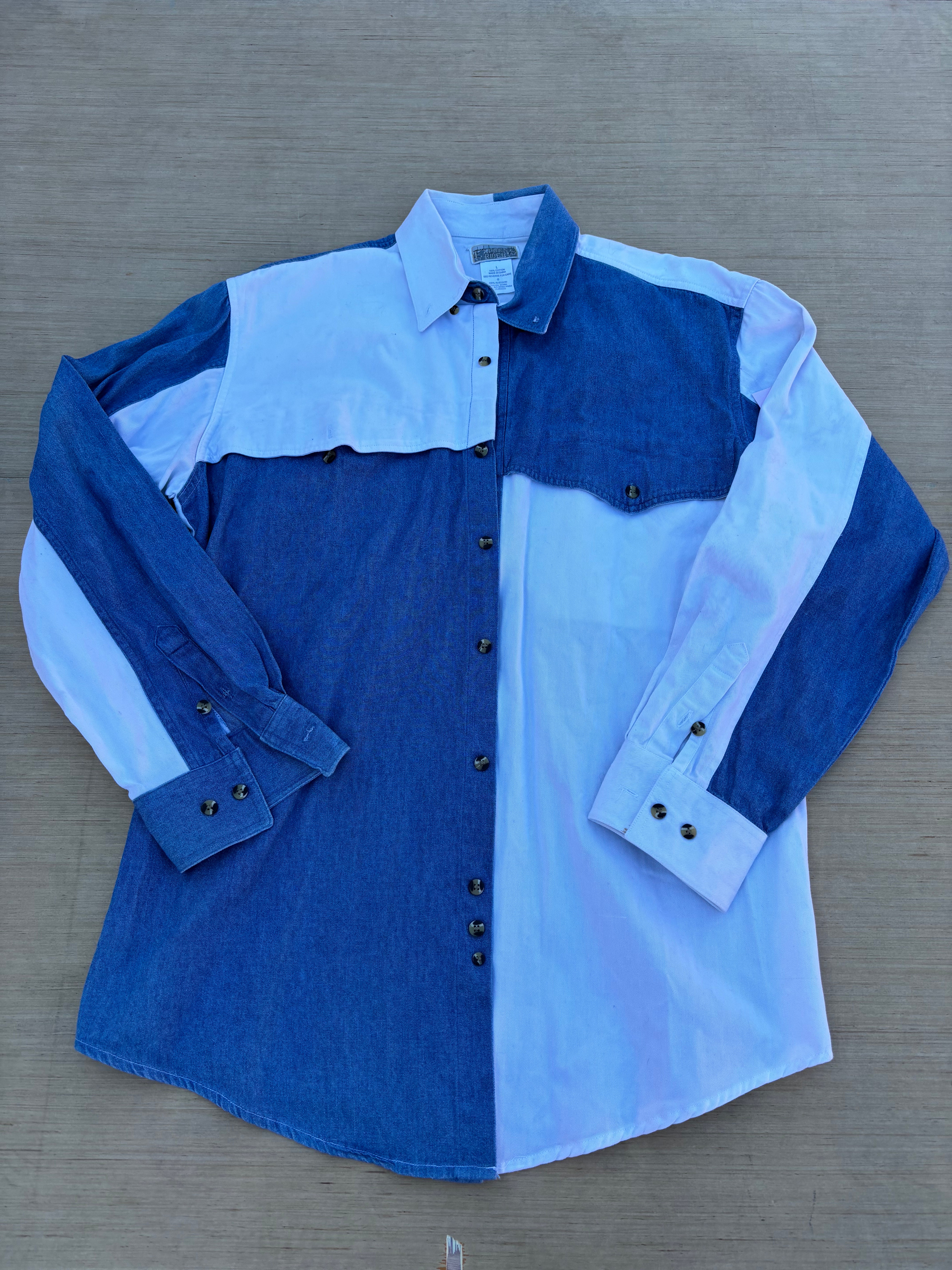 white blue express rider denim button down colorblock, L