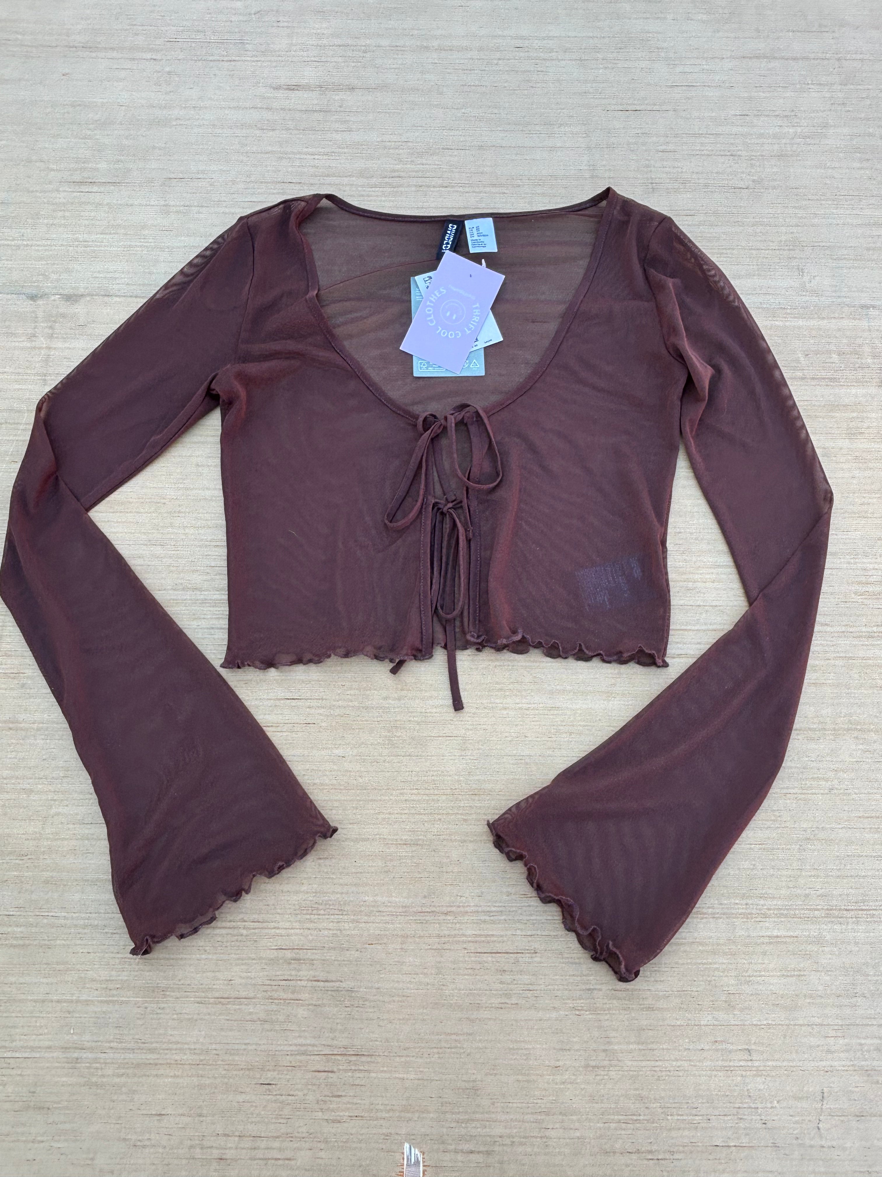 brown h&m mesh tie top, xs