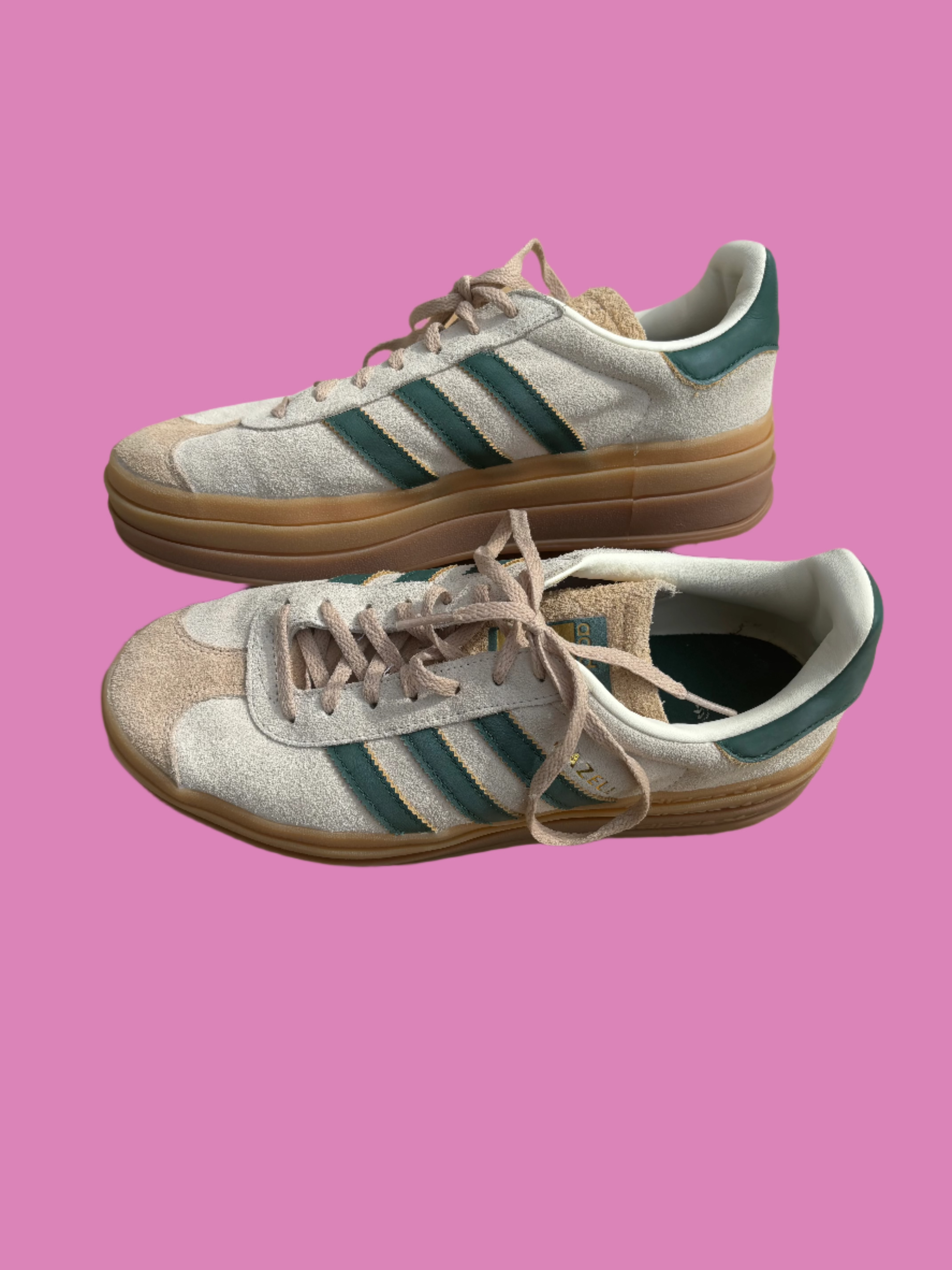 green tan adidas platform gazelles, 9.5 womens