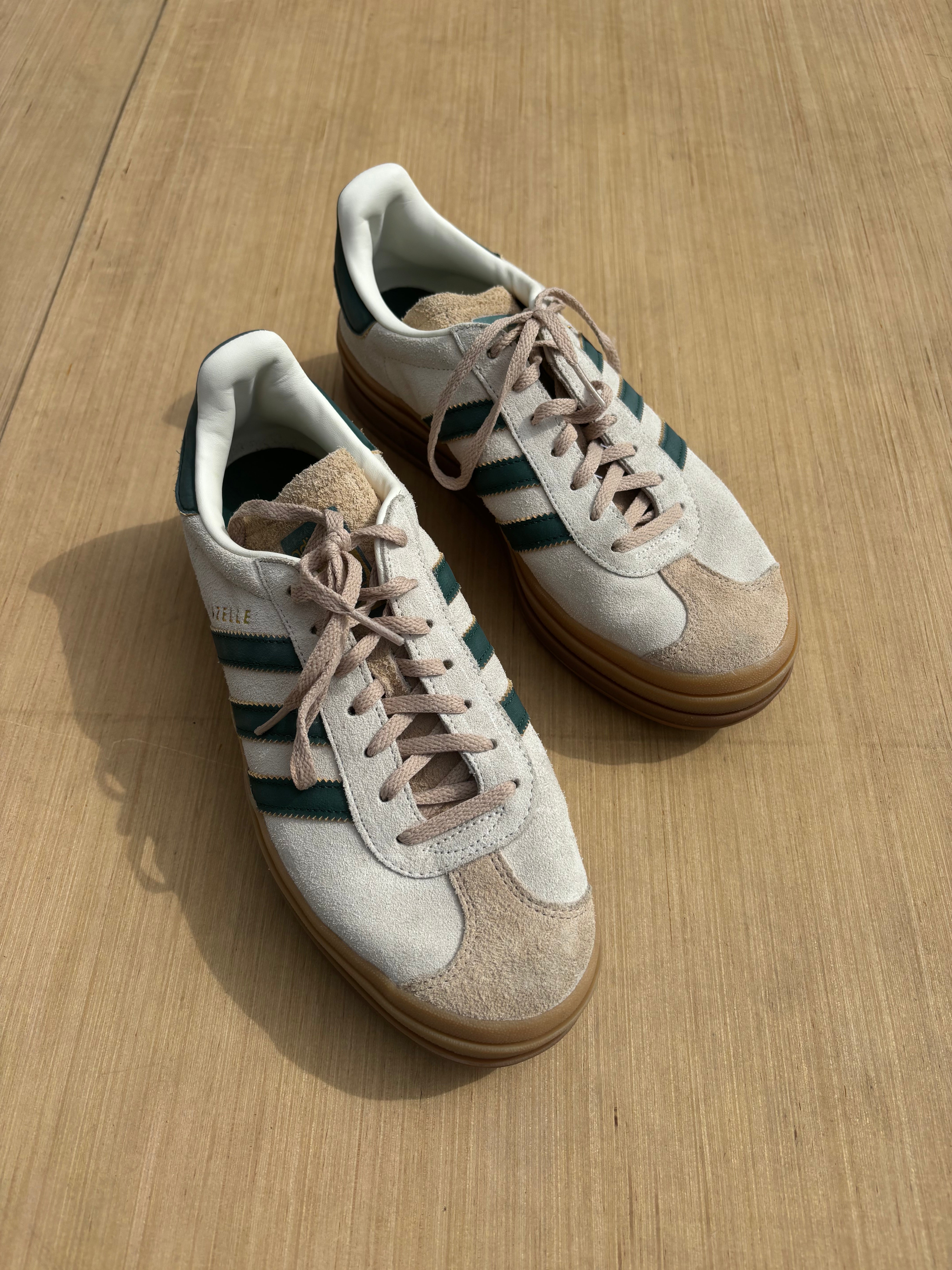 green tan adidas platform gazelles, 9.5 womens