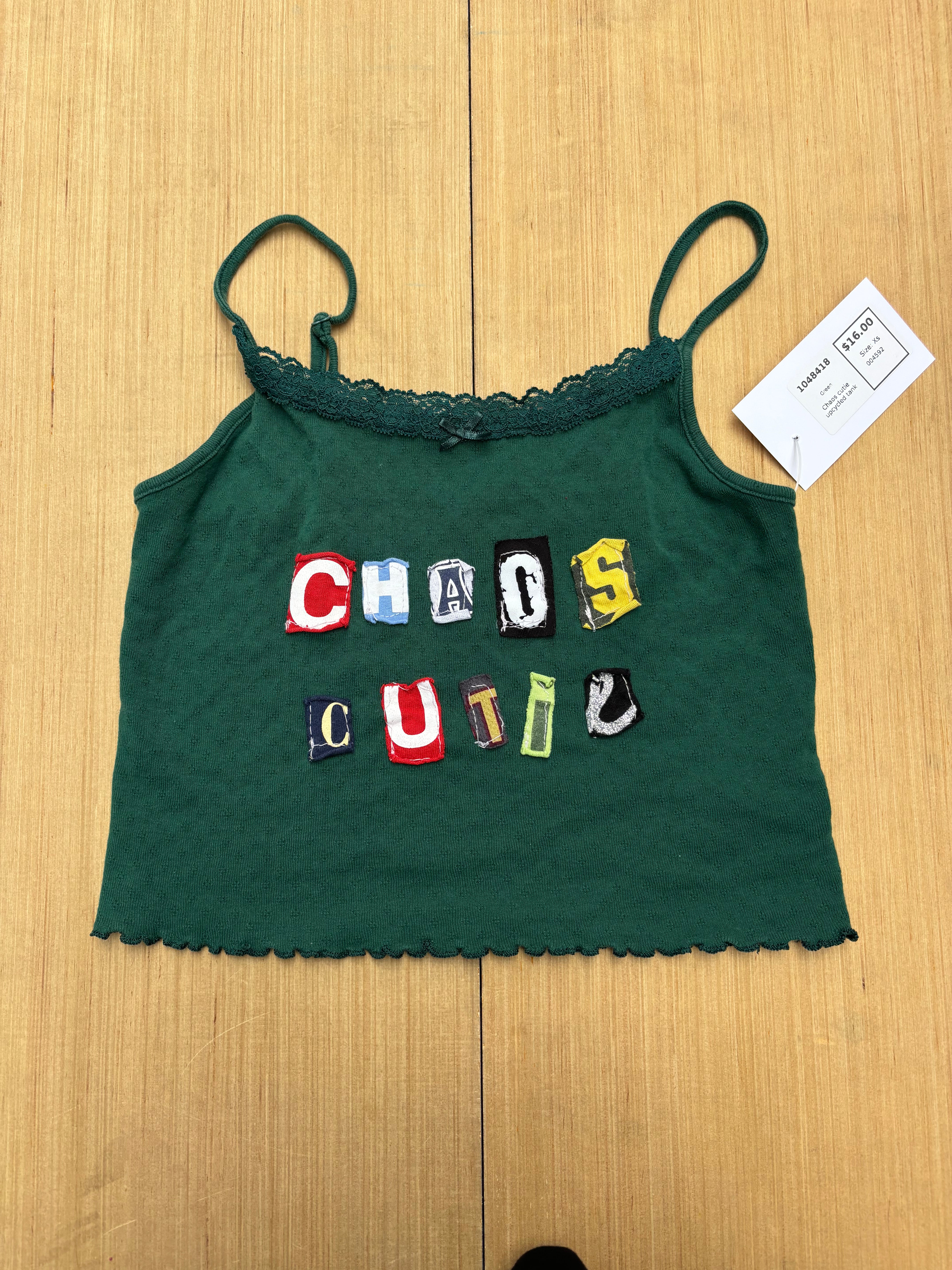 Green  Chaos cutie upcycled tank, Xs