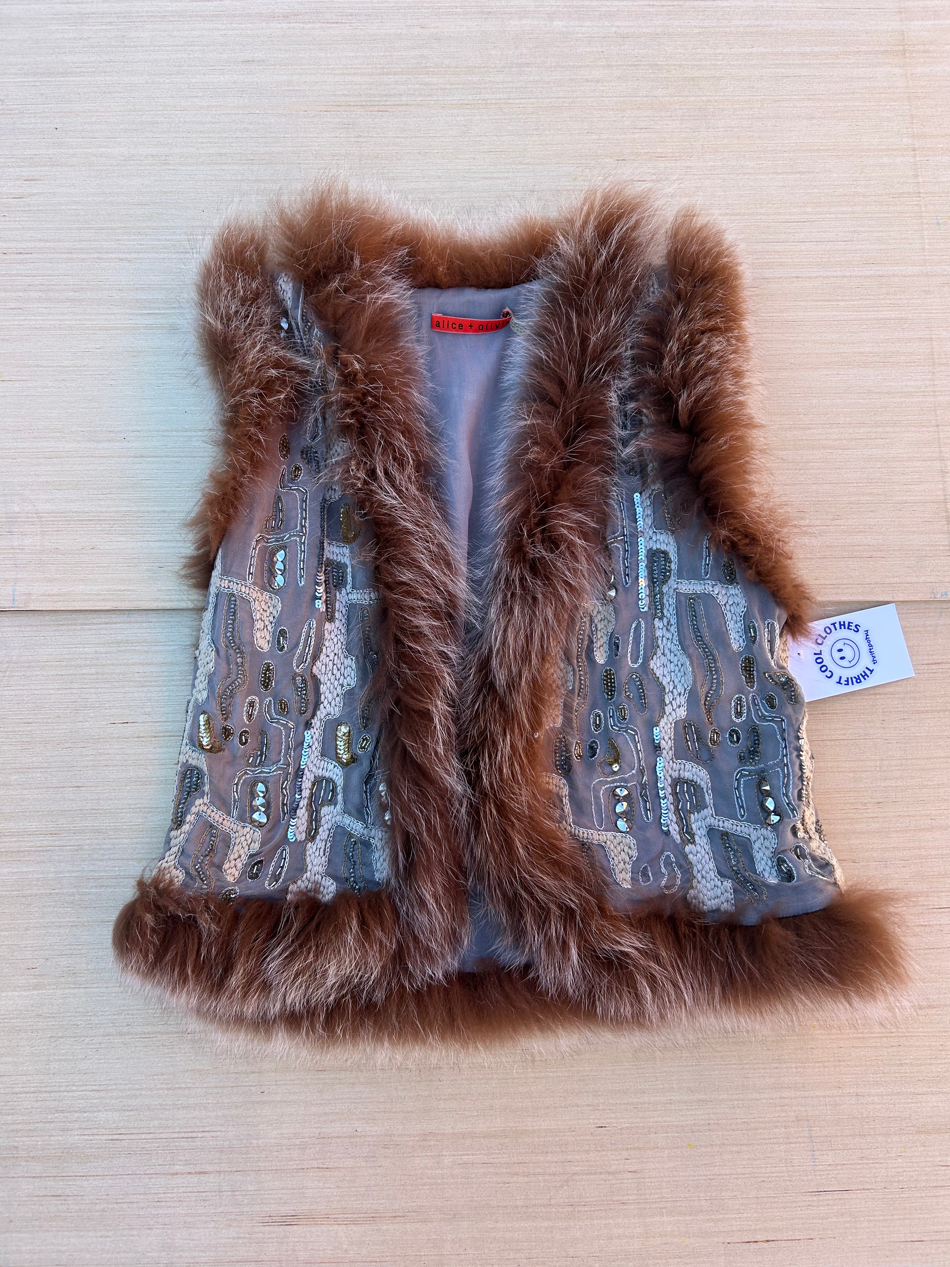 brown alice+olivia sequin fox fur vest, s