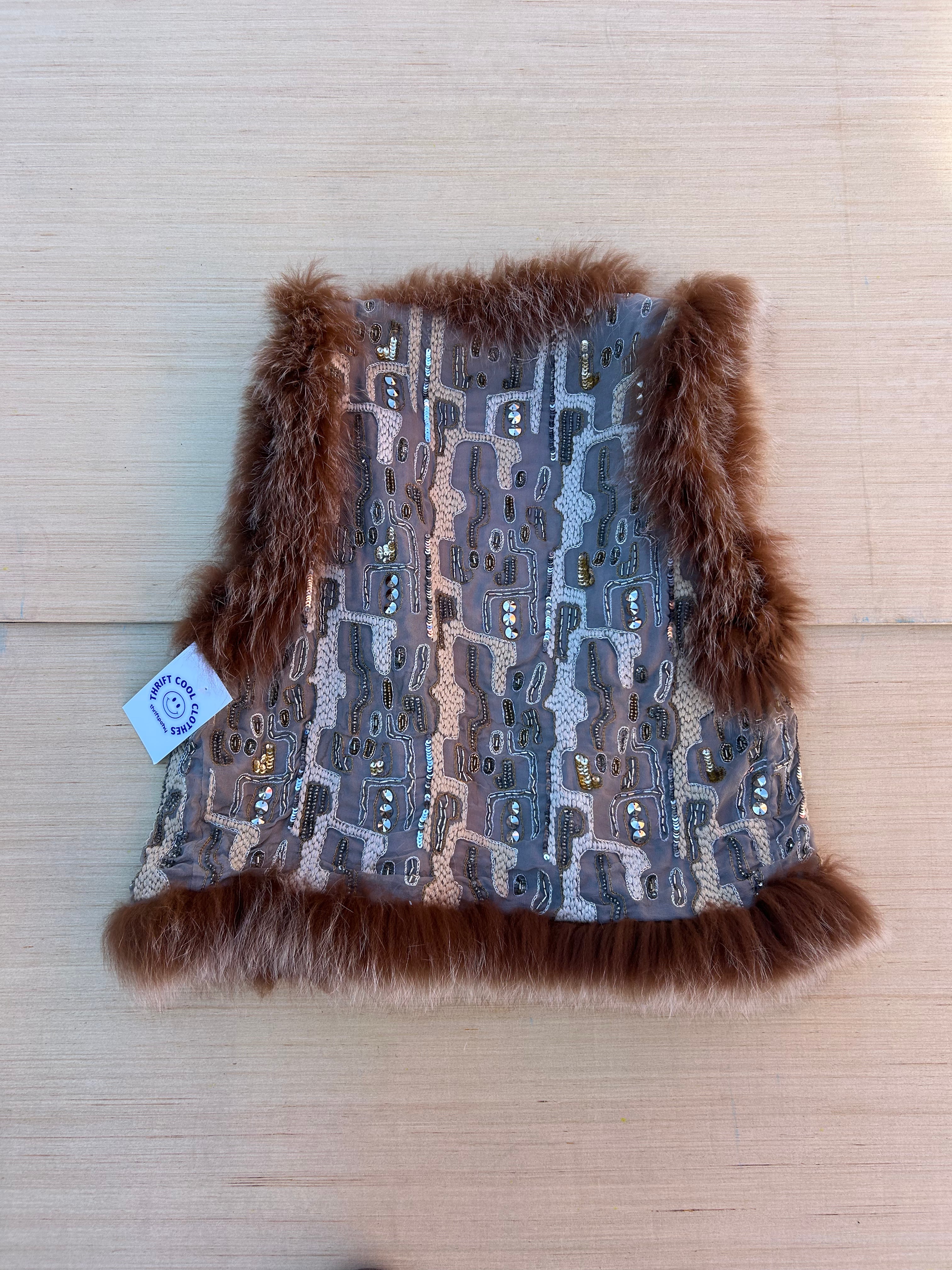 brown alice+olivia sequin fox fur vest, s