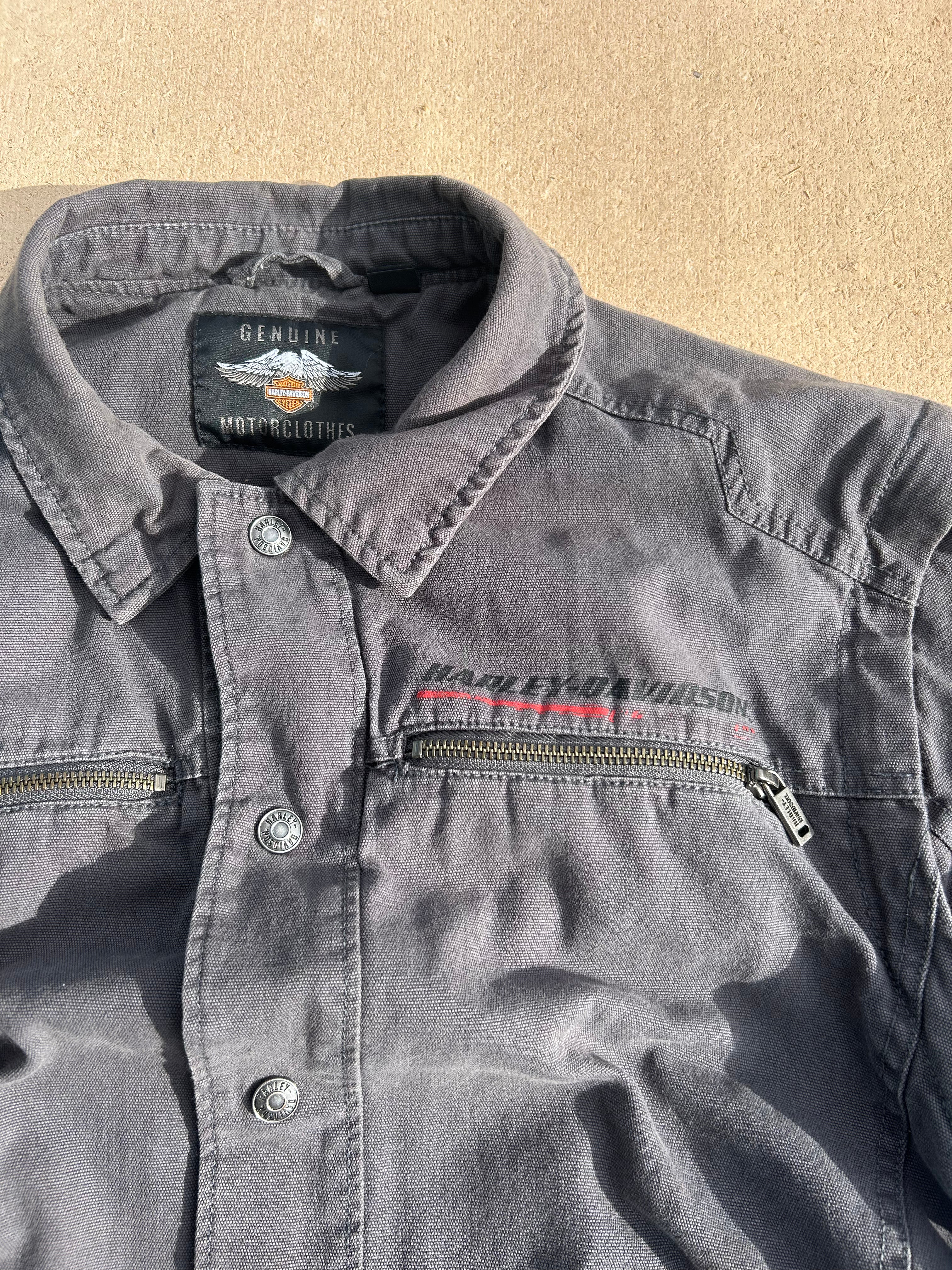 gray harley davidson denim jacket zip sleeves, m