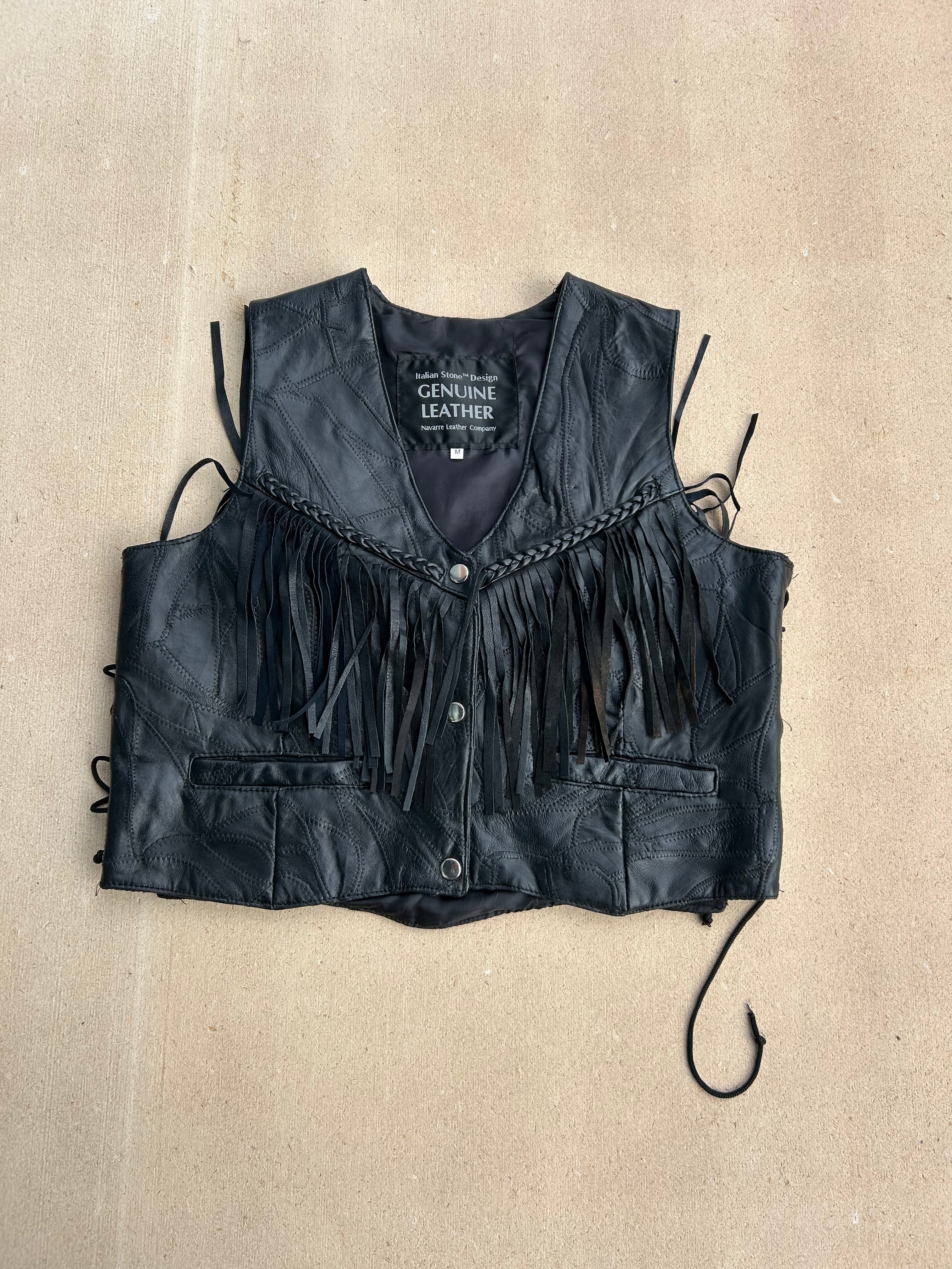 black italian stone leather vest lace up w fringe, m