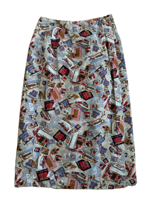 tan  vtg western roadtrip patterned wrap skirt, fits like size 8